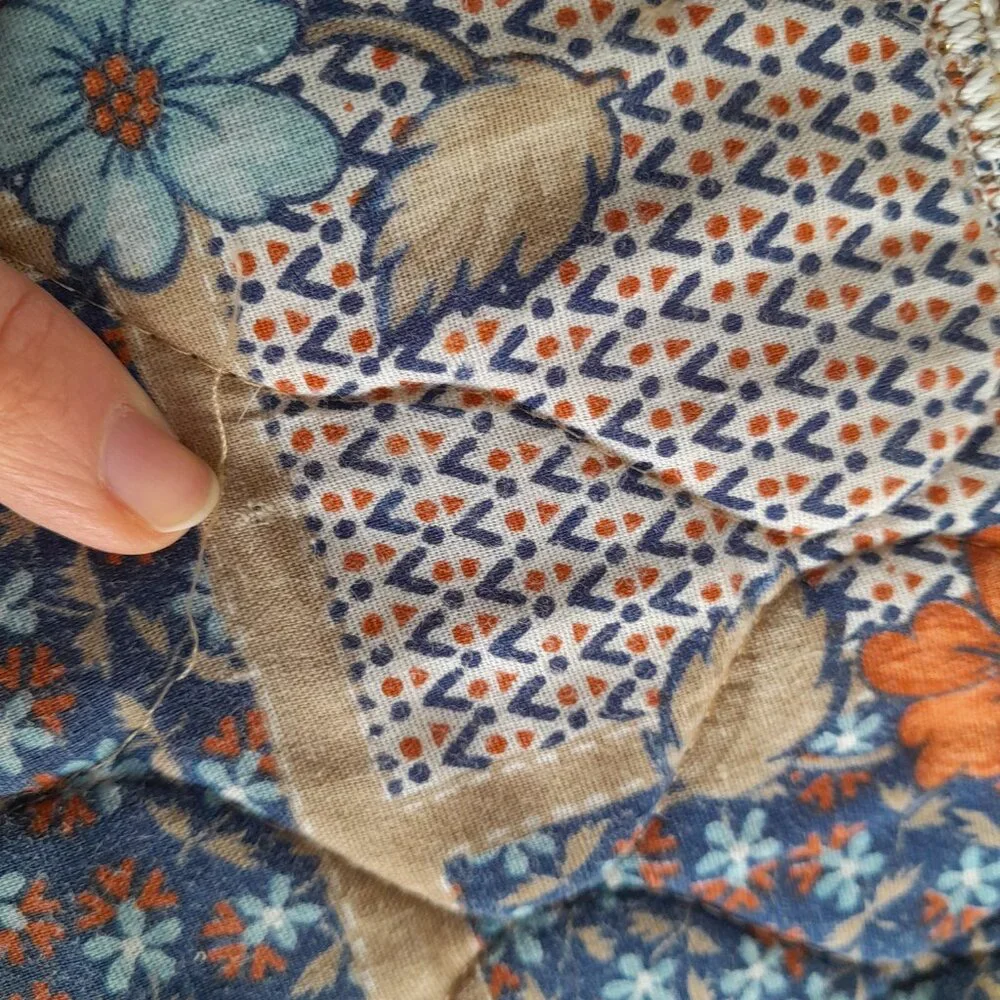 2/$20 Handmade Vintage Patchwork Placemats 19", Blue Orange Floral, Crochet Trim - Picture 4 of 5
